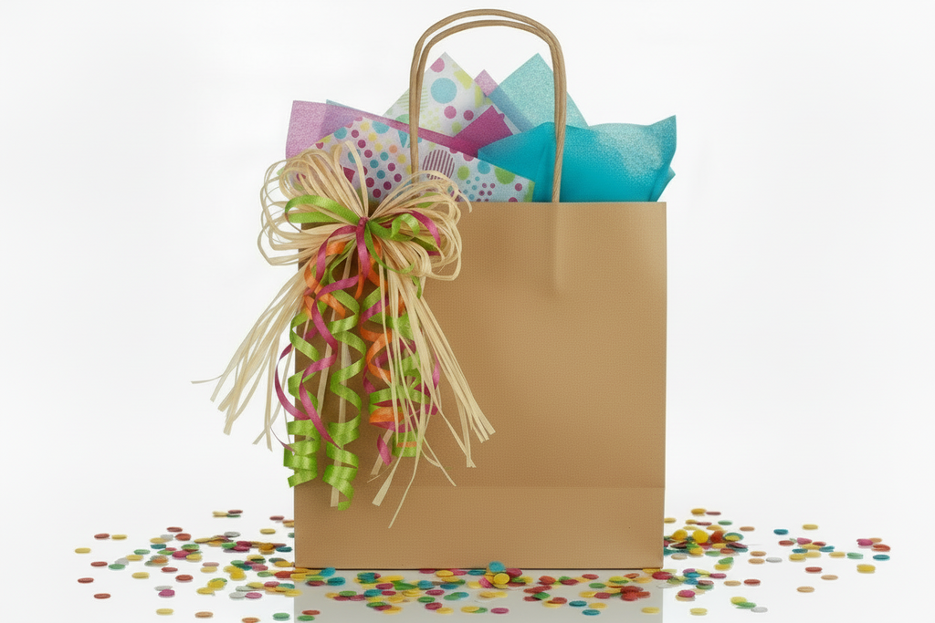 kraft paper bag with 1 printed tissue and 2 color tissue papers and a bright bow