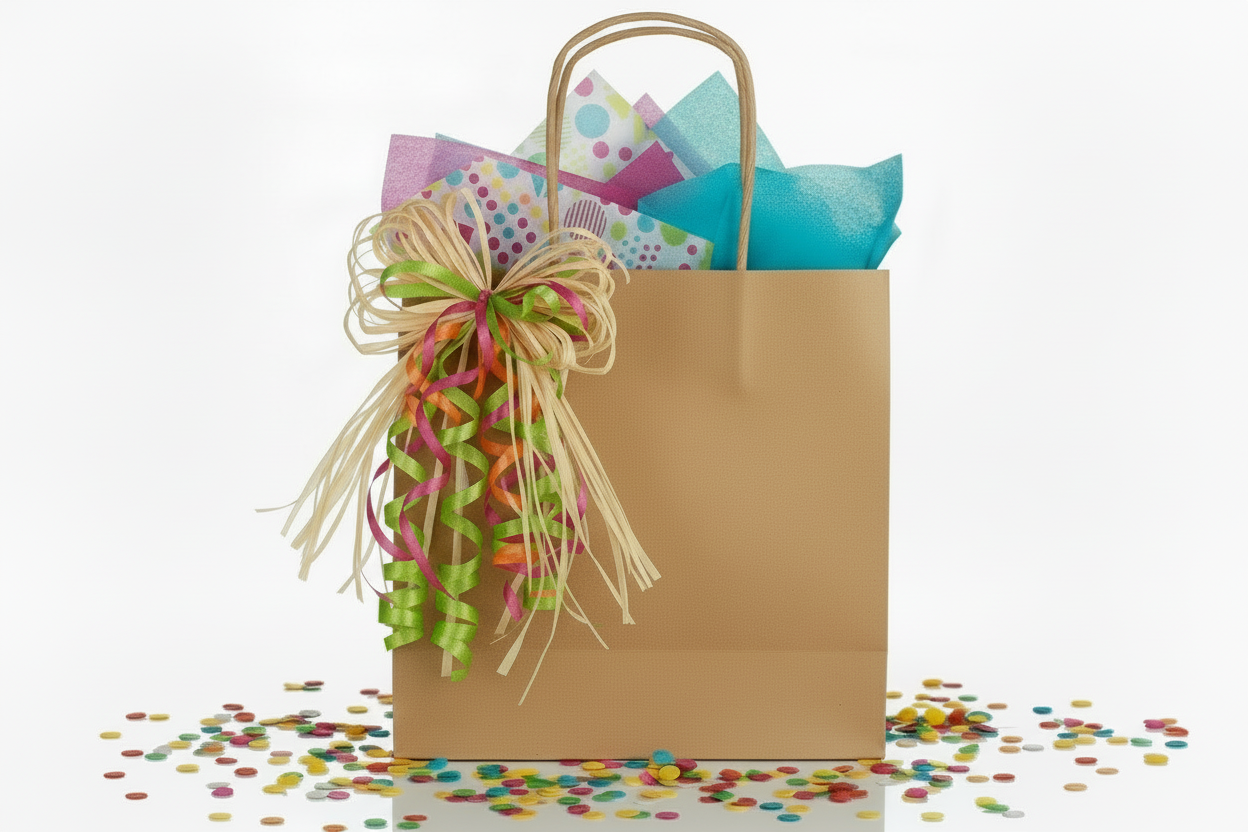 kraft paper bag with 1 printed tissue and 2 color tissue papers and a bright bow