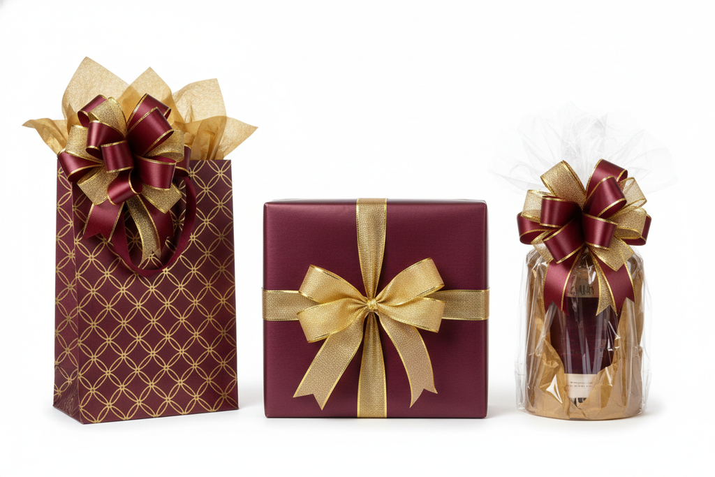 create a photo with a mixed style of wrapping including a gift bag with a professional color combo in the bow and tissue paper, a a simple wrapped box with simple but elegant bow in the same professional color combo and also feature the cellophane wrap gift option with a bow in the same professional color combo