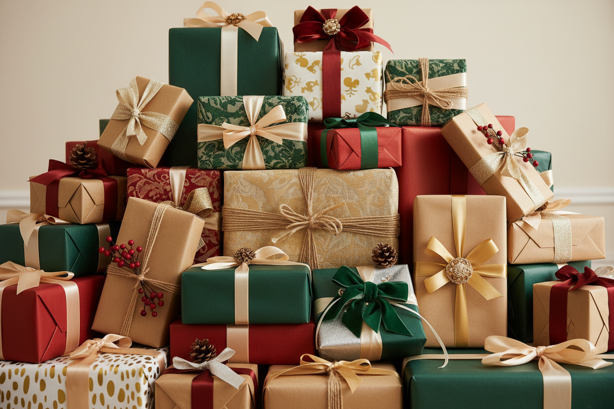 Pile of gifts in all styles with a shared common theme. 